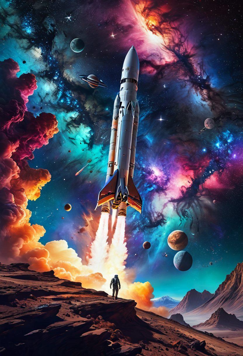 A vivid cosmic landscape featuring a dynamic spacecraft launching from Earth towards colorful nebulae and distant planets. Include astronauts conducting experiments in space, with NASA logos prominently displayed. The background should be filled with stars, galaxies, and a glowing representation of the Milky Way. Create a sense of adventure and exploration with bright, swirling colors and futuristic design elements. super-realistic. vibrant colors. cosmic theme.