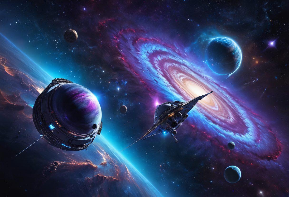 A breathtaking view of a vibrant galaxy with swirling nebulae in shades of blue and purple, dotted with bright stars and distant planets. In the foreground, a sleek spacecraft is navigating through space, leaving a shimmering trail. Incorporate elements of astrophysics like equations and cosmic phenomena subtly integrated into the visuals. The image should evoke a sense of wonder and possibility. super-realistic. vibrant colors. cosmic theme.