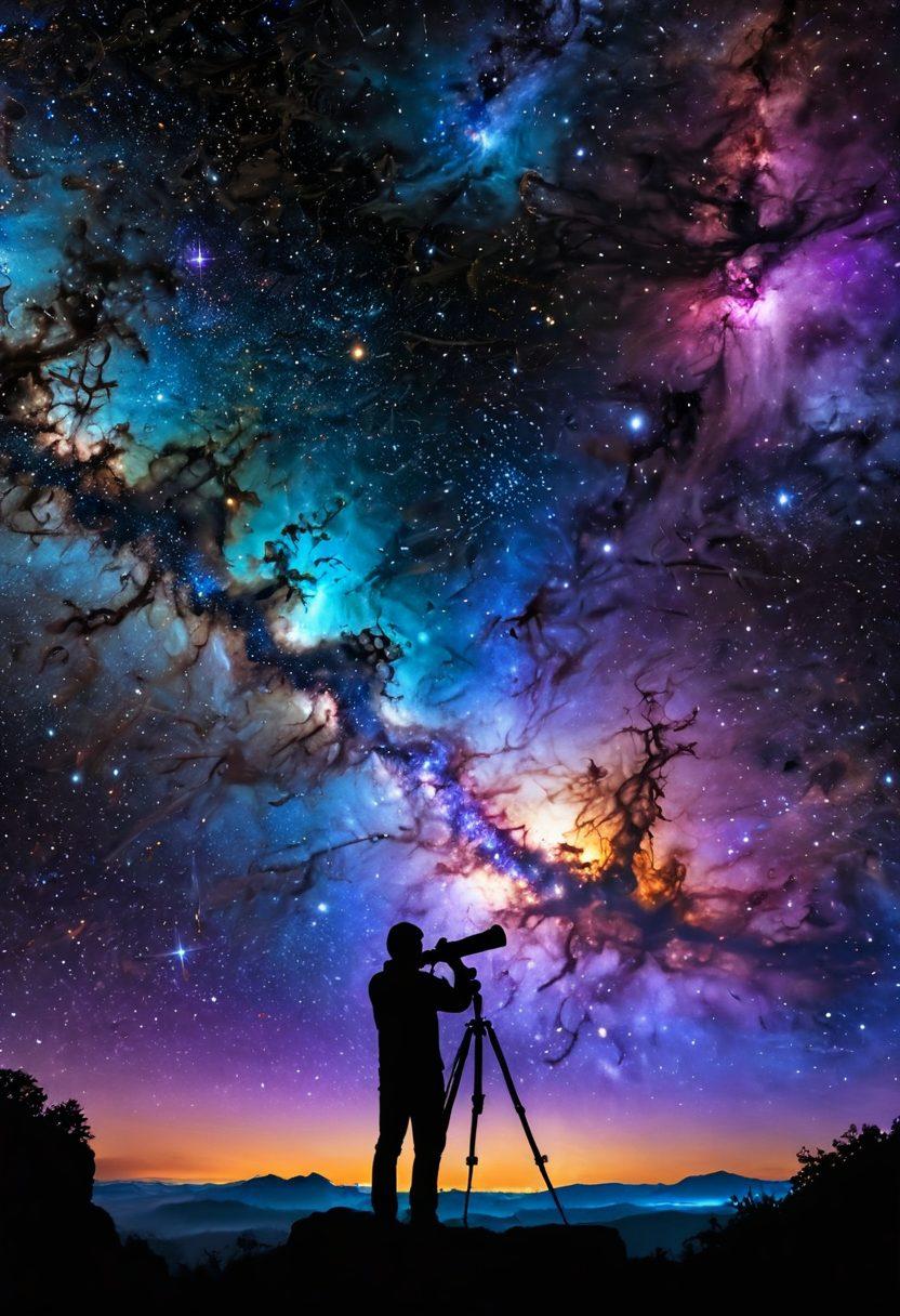 A captivating cosmic scene featuring a stunning nebula with vibrant colors of purple, blue, and gold. Include a silhouette of a physicist observing with a telescope, under a starry sky filled with swirling galaxies and celestial bodies. Integrate diagrams and equations subtly in the background, symbolizing astrophysics. The composition should inspire awe and curiosity about the universe. super-realistic. vibrant colors. dark background.